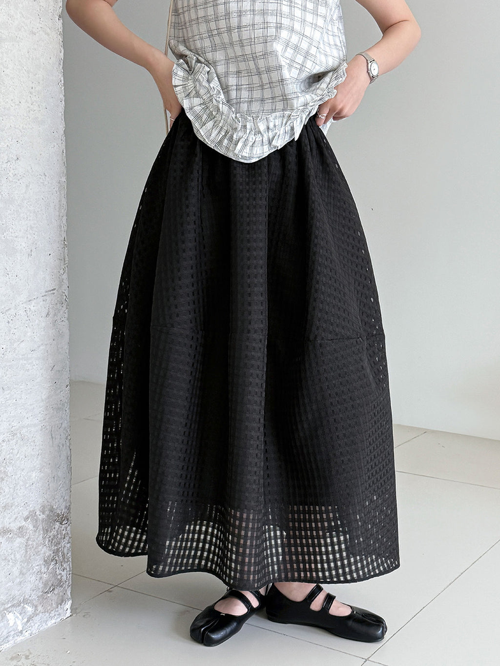 Sheer Check Textured Fluid Volume Skirt — BL1143