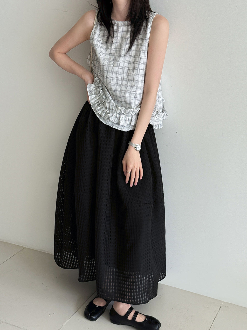 Sheer Check Textured Fluid Volume Skirt — BL1143