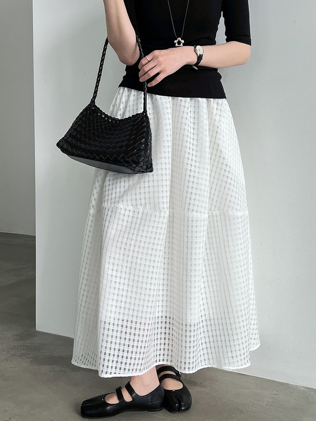 Sheer Check Textured Fluid Volume Skirt — BL1143