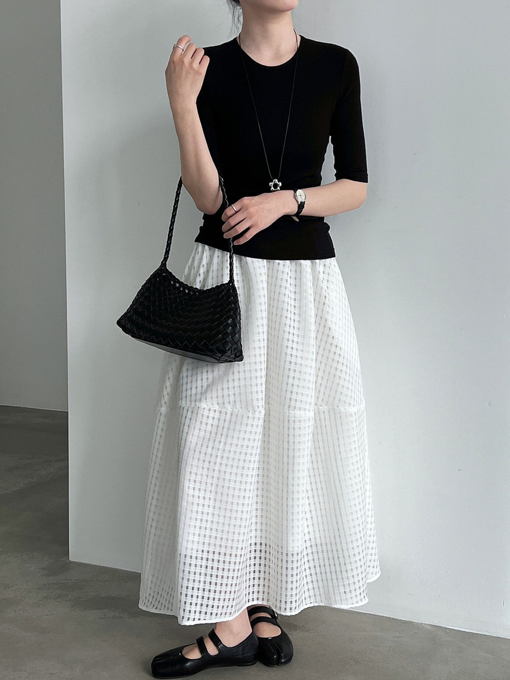 Sheer Check Textured Fluid Volume Skirt — BL1143