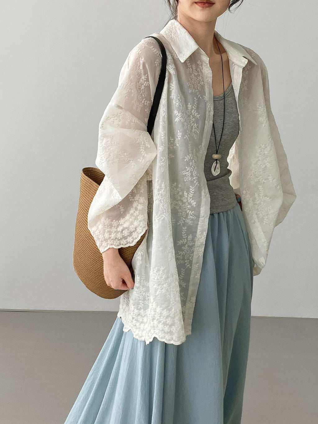 Floral Sheer Jacquard Fluid Oversized Shirt — BL1144