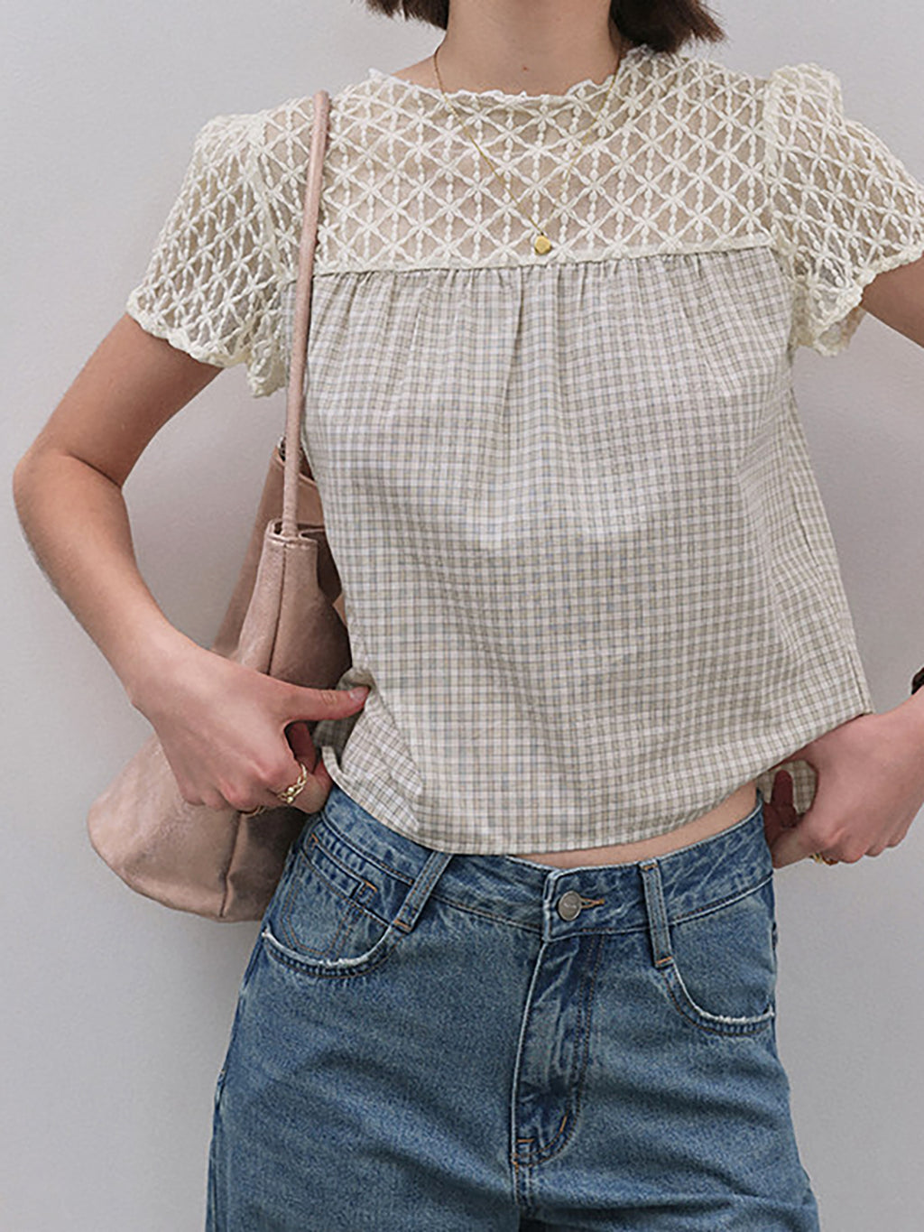 Gingham Check Crochet Lace Fluid Blouse — BL1145