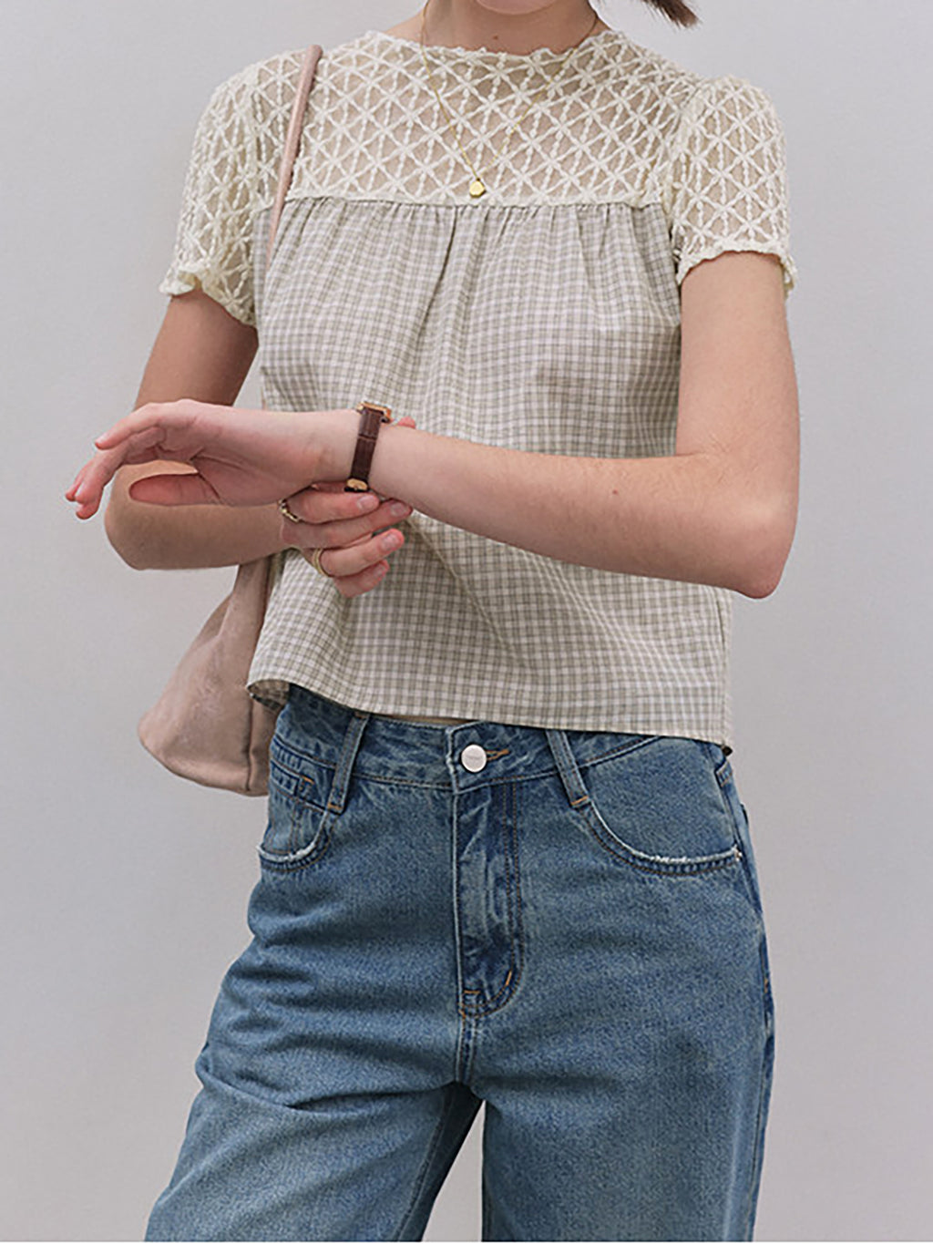 Gingham Check Crochet Lace Fluid Blouse — BL1145