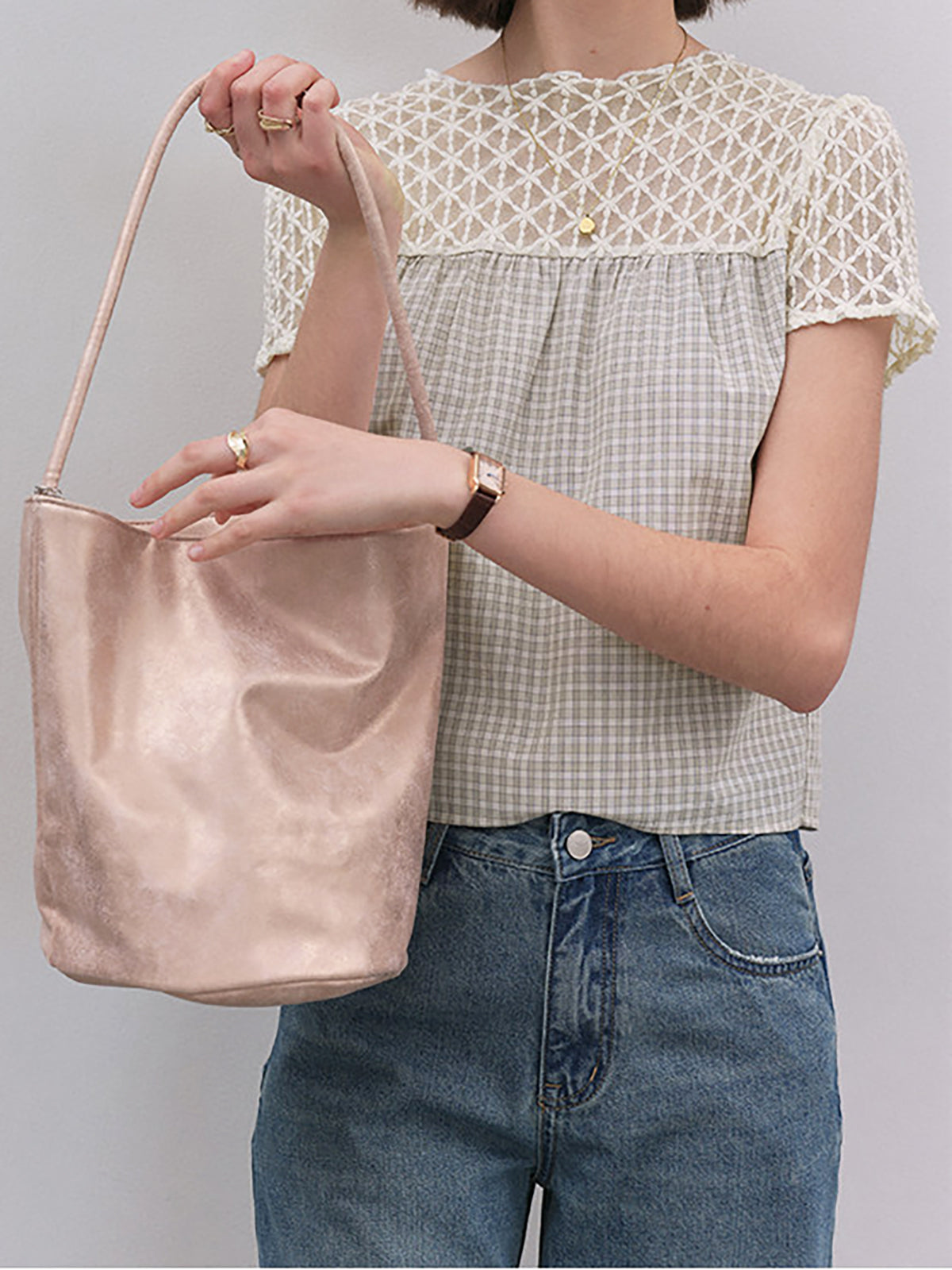 Gingham Check Crochet Lace Fluid Blouse — BL1145