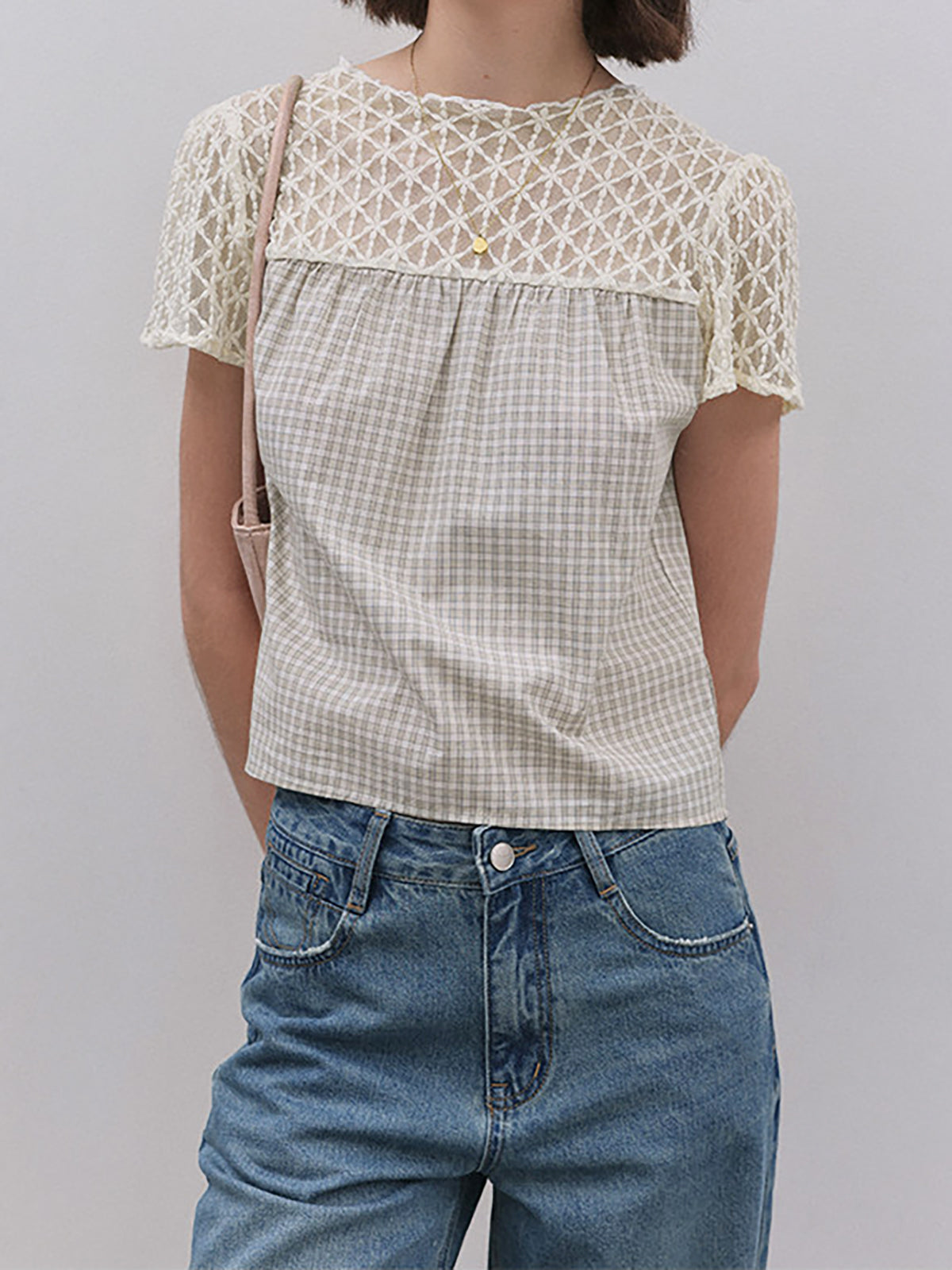 Gingham Check Crochet Lace Fluid Blouse — BL1145