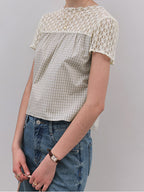 Gingham Check Crochet Lace Fluid Blouse — BL1145