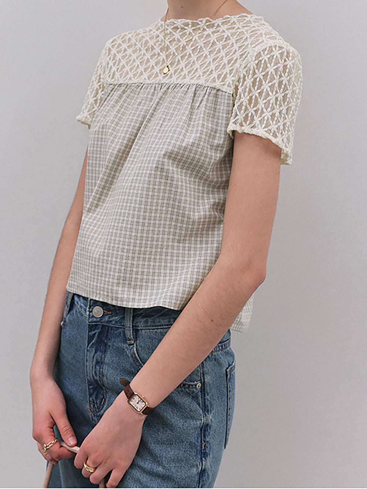 Gingham Check Crochet Lace Fluid Blouse — BL1145