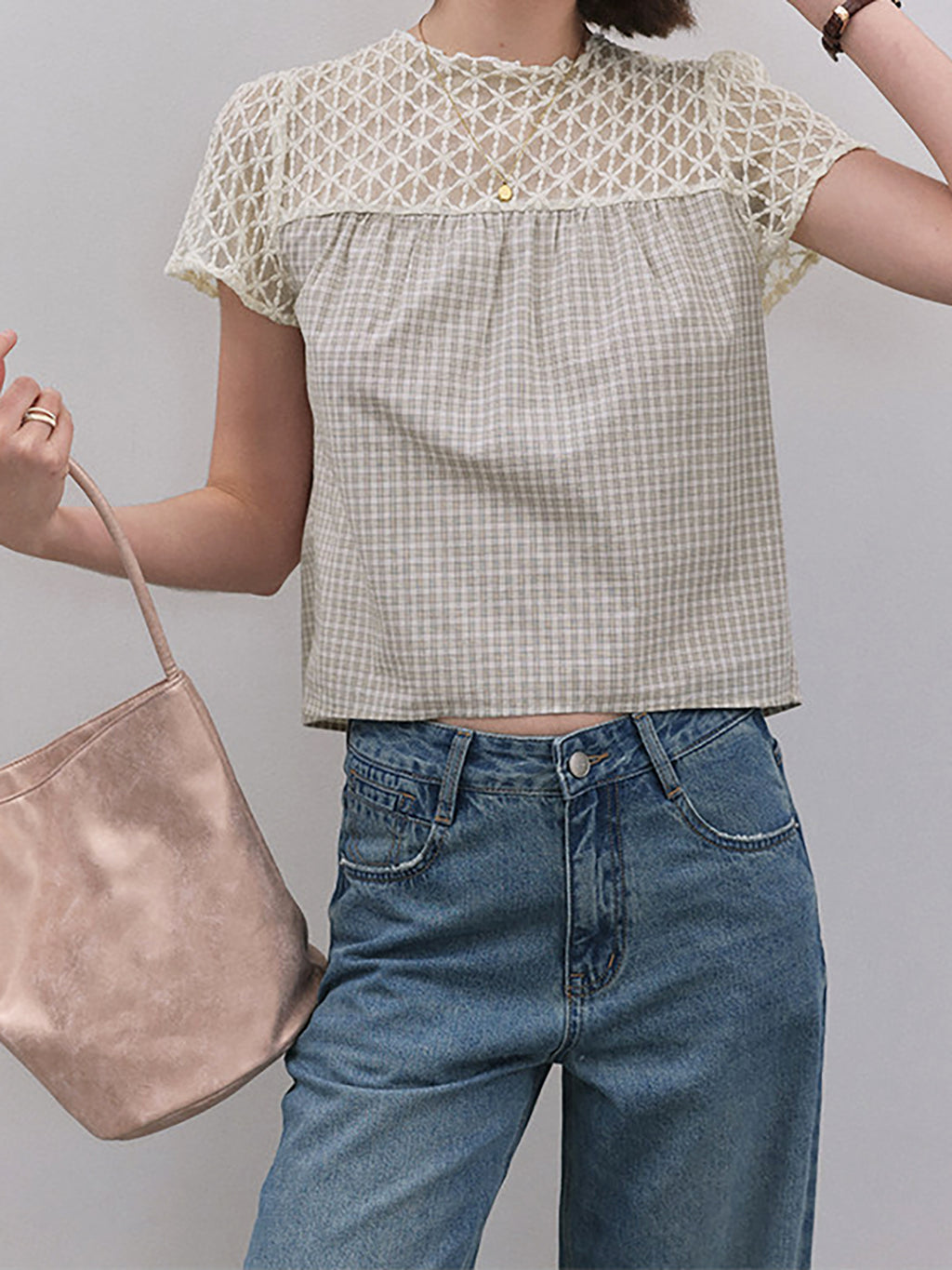 Gingham Check Crochet Lace Fluid Blouse — BL1145