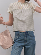 Gingham Check Crochet Lace Fluid Blouse — BL1145