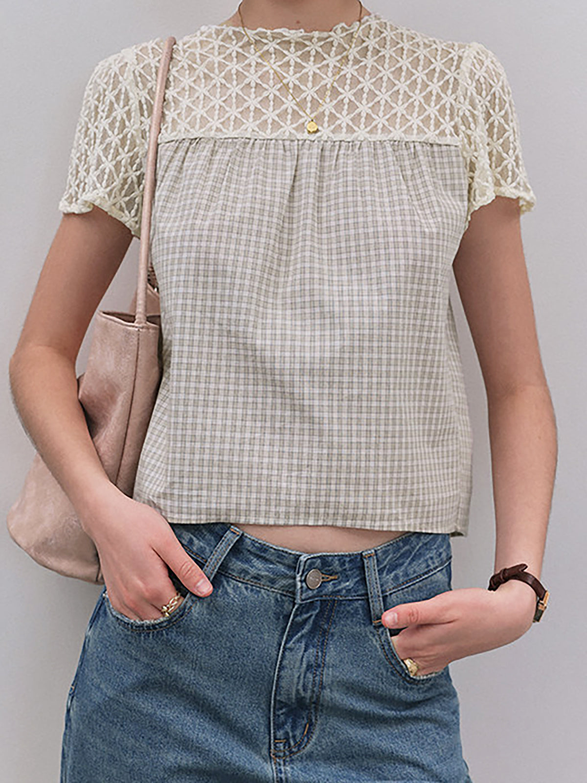 Gingham Check Crochet Lace Fluid Blouse — BL1145