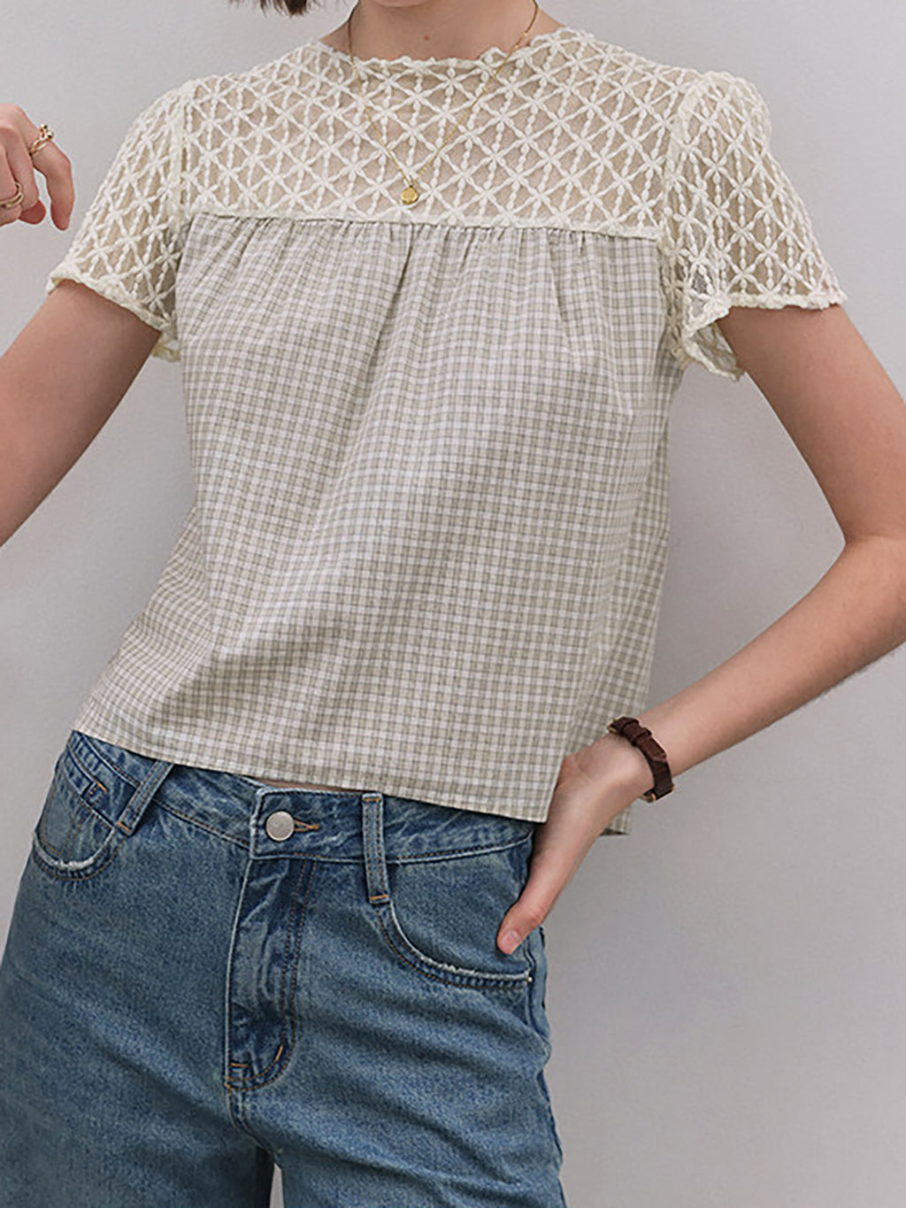 Gingham Check Crochet Lace Fluid Blouse — BL1145