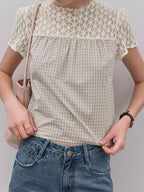 Gingham Check Crochet Lace Fluid Blouse — BL1145
