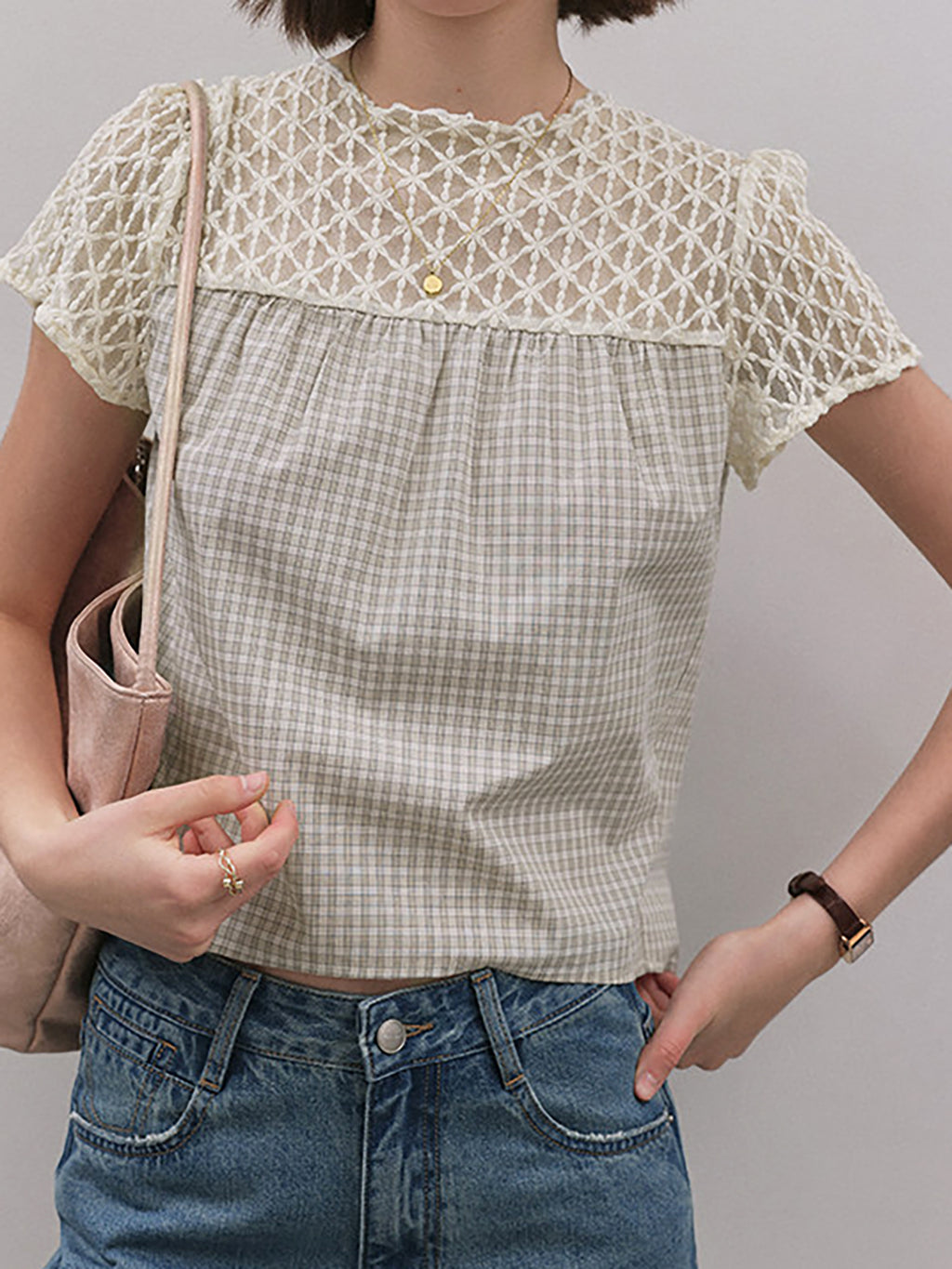 Gingham Check Crochet Lace Fluid Blouse — BL1145