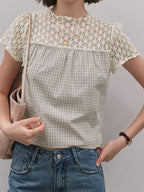 Gingham Check Crochet Lace Fluid Blouse — BL1145
