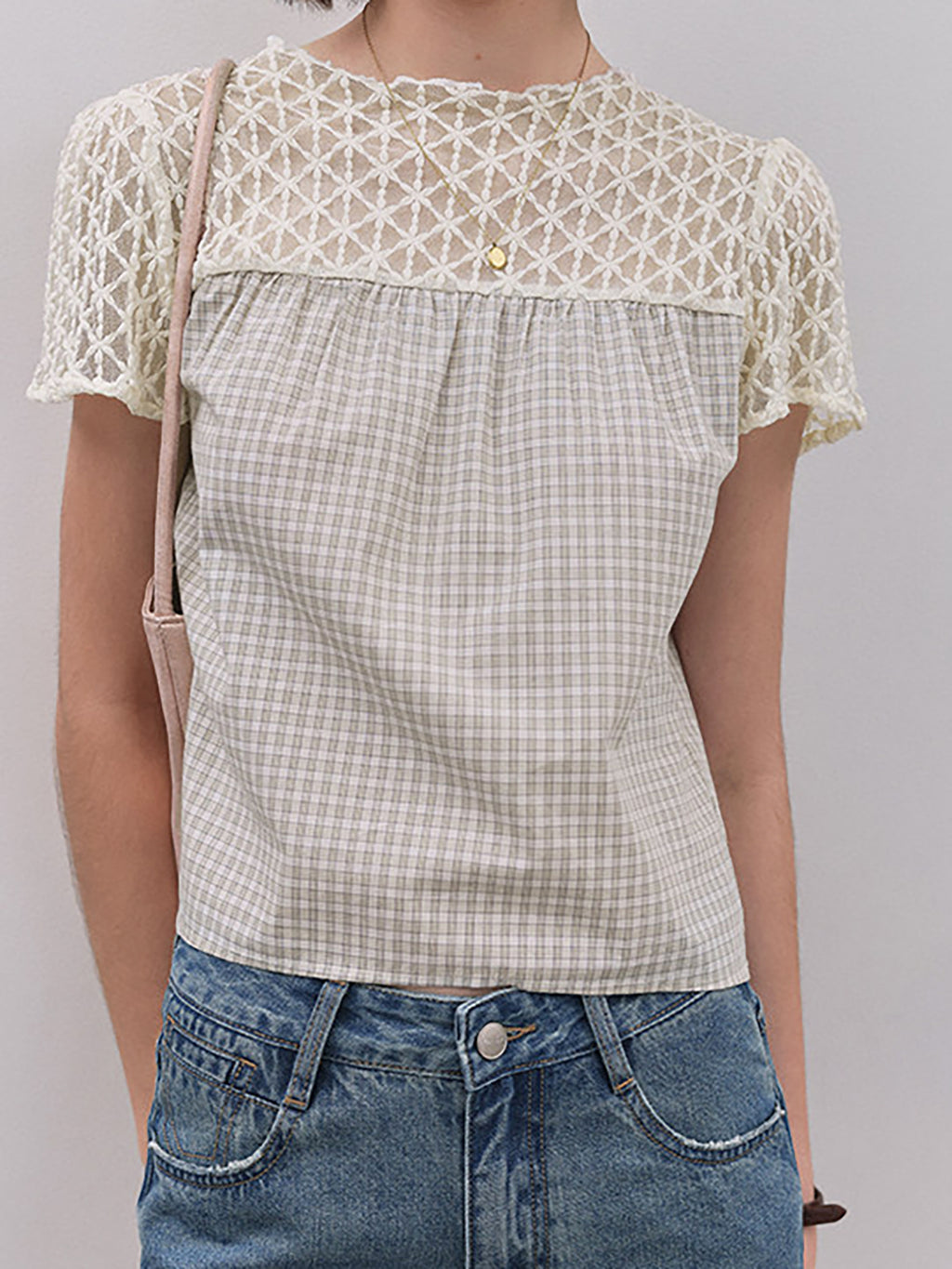 Gingham Check Crochet Lace Fluid Blouse — BL1145