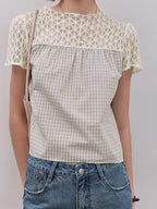 Gingham Check Crochet Lace Fluid Blouse — BL1145