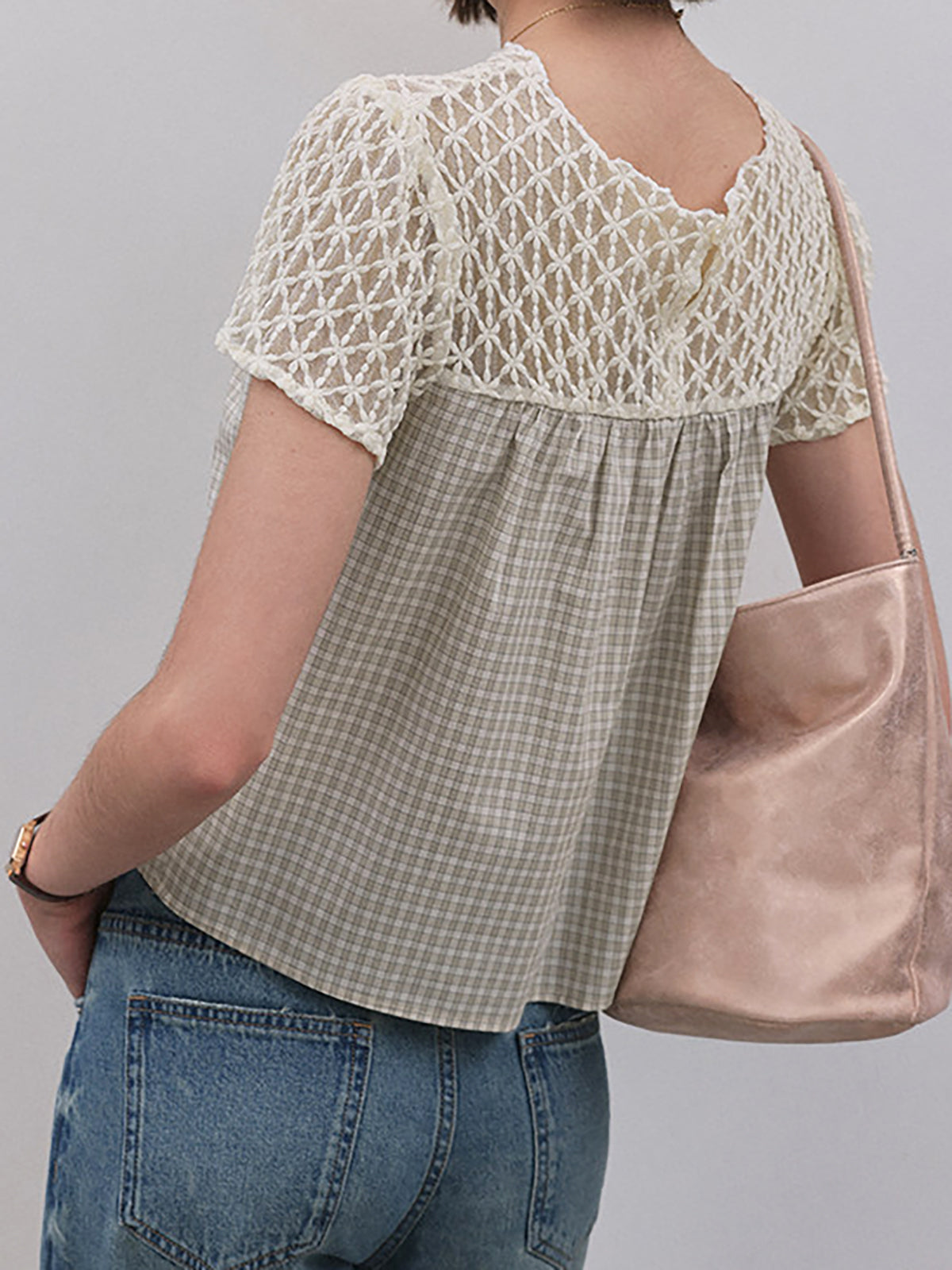 Gingham Check Crochet Lace Fluid Blouse — BL1145
