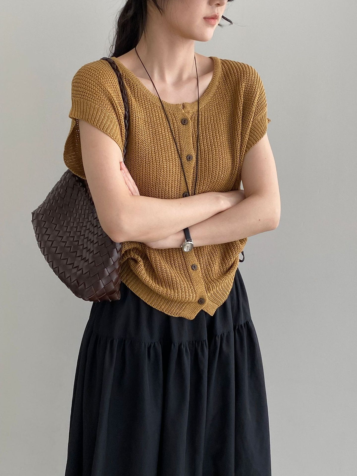Open Mesh Buttoned Fluid Knit Vest — BL1146