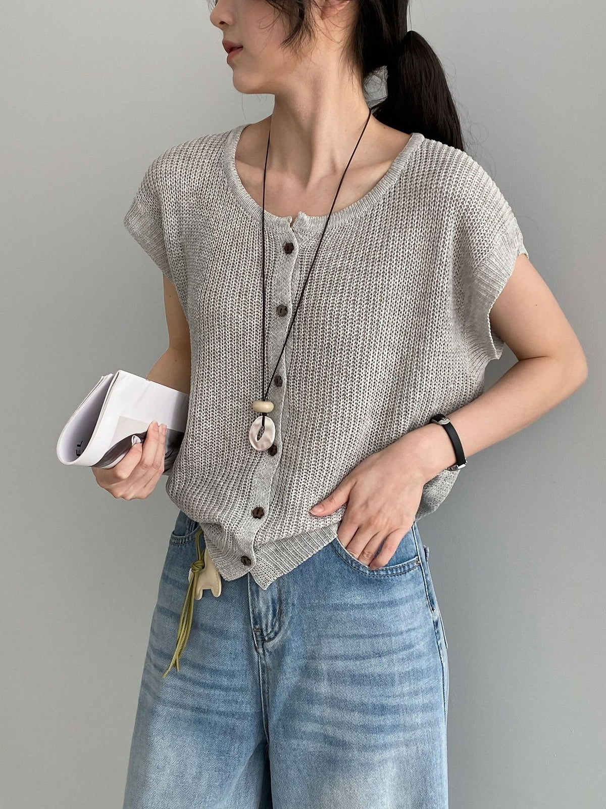 Open Mesh Buttoned Fluid Knit Vest — BL1146