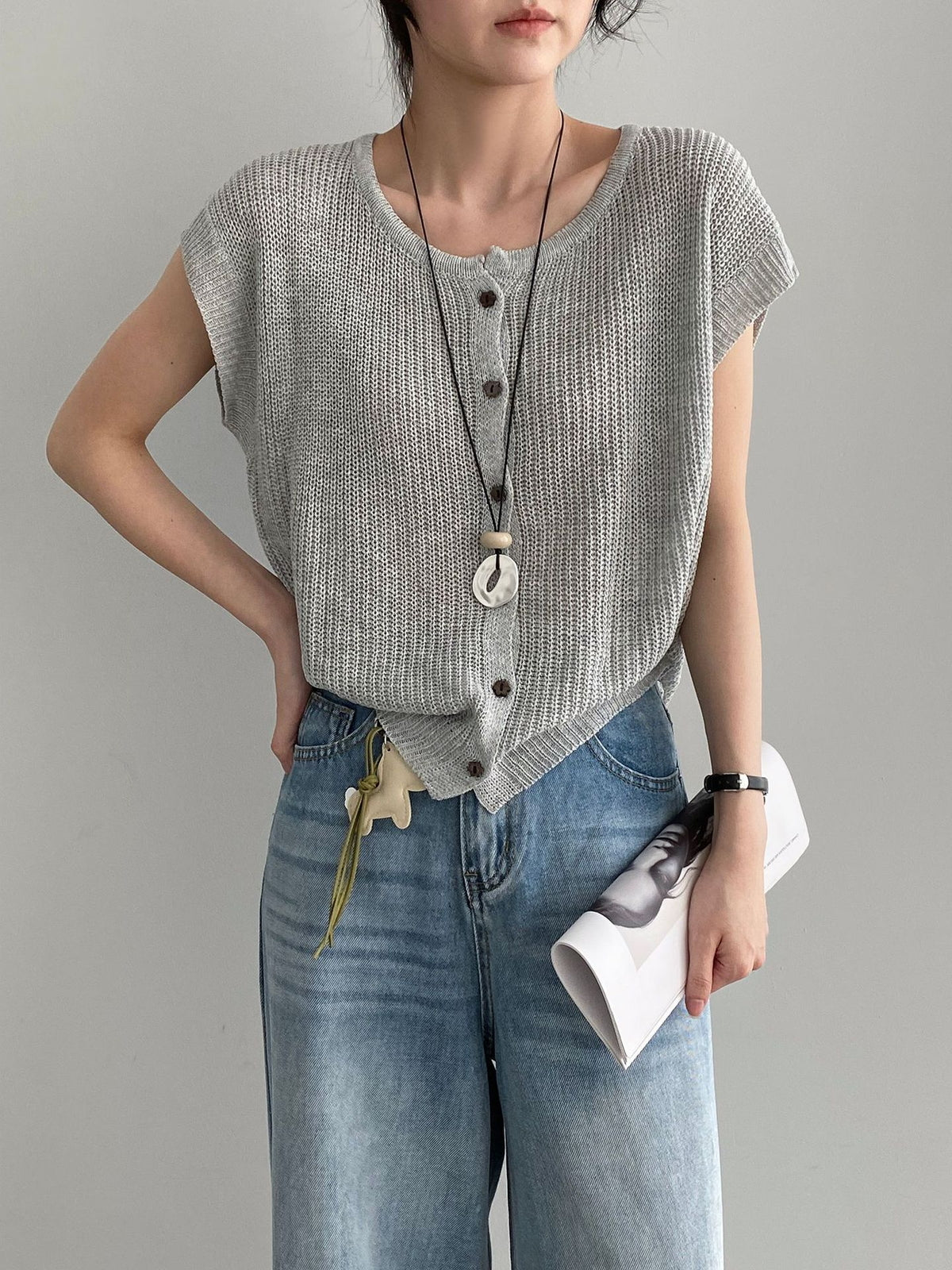 Open Mesh Buttoned Fluid Knit Vest — BL1146