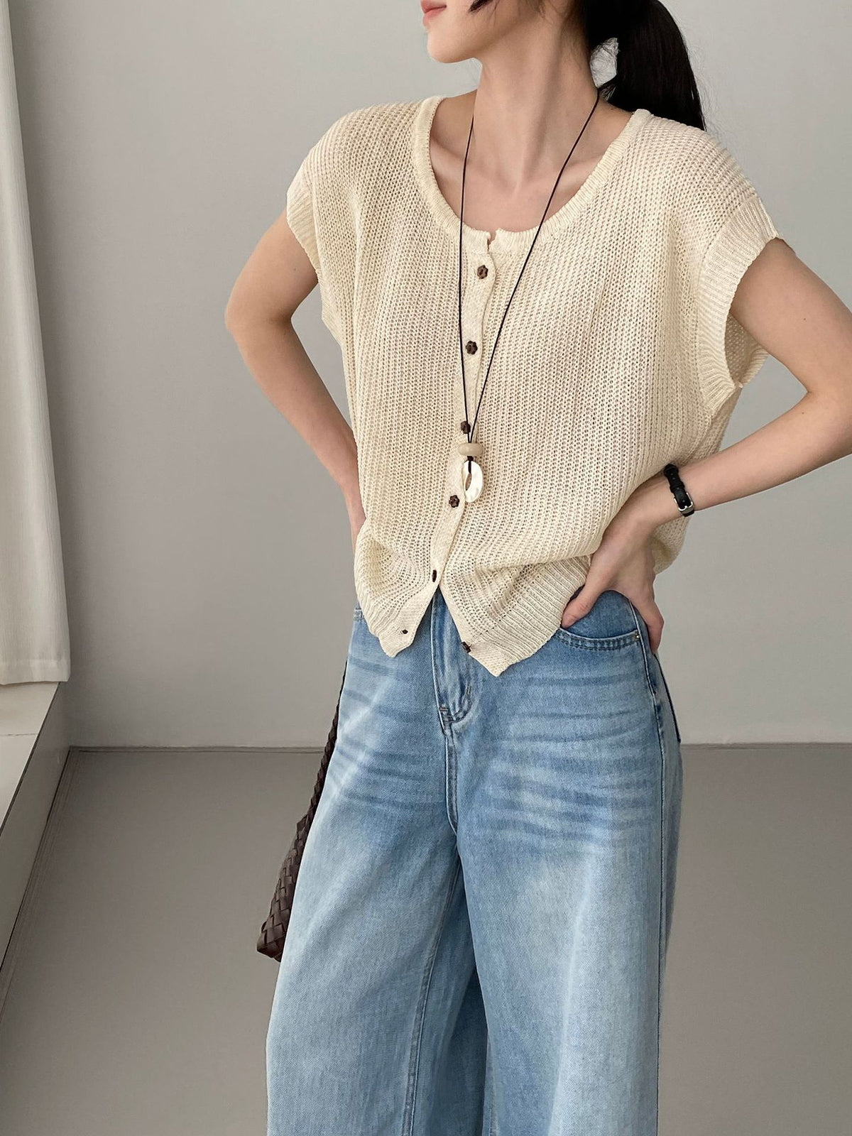 Open Mesh Buttoned Fluid Knit Vest — BL1146