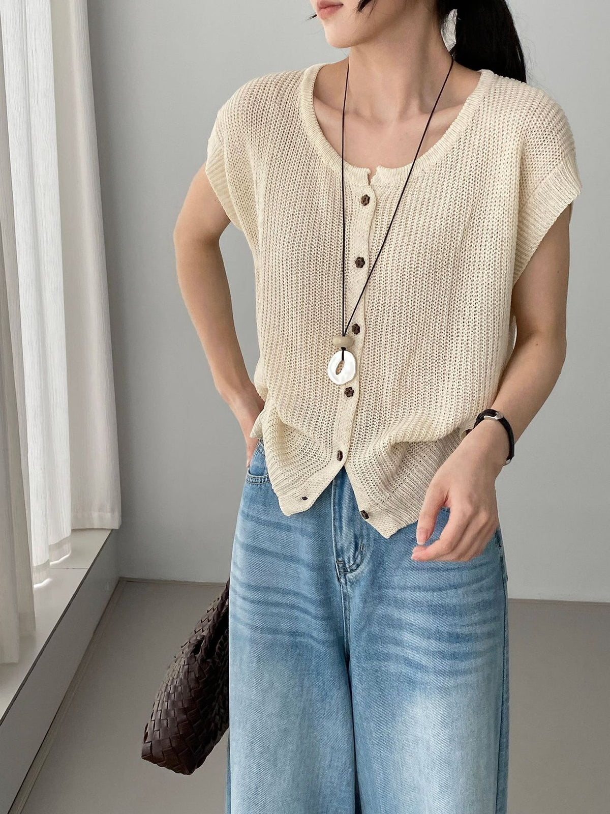 Open Mesh Buttoned Fluid Knit Vest — BL1146