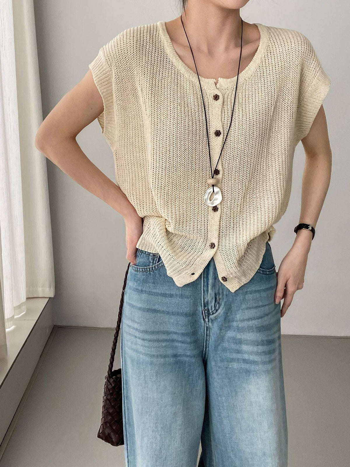 Open Mesh Buttoned Fluid Knit Vest — BL1146