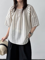 Gathered Neck Striped Fluid Blouse — BL1147