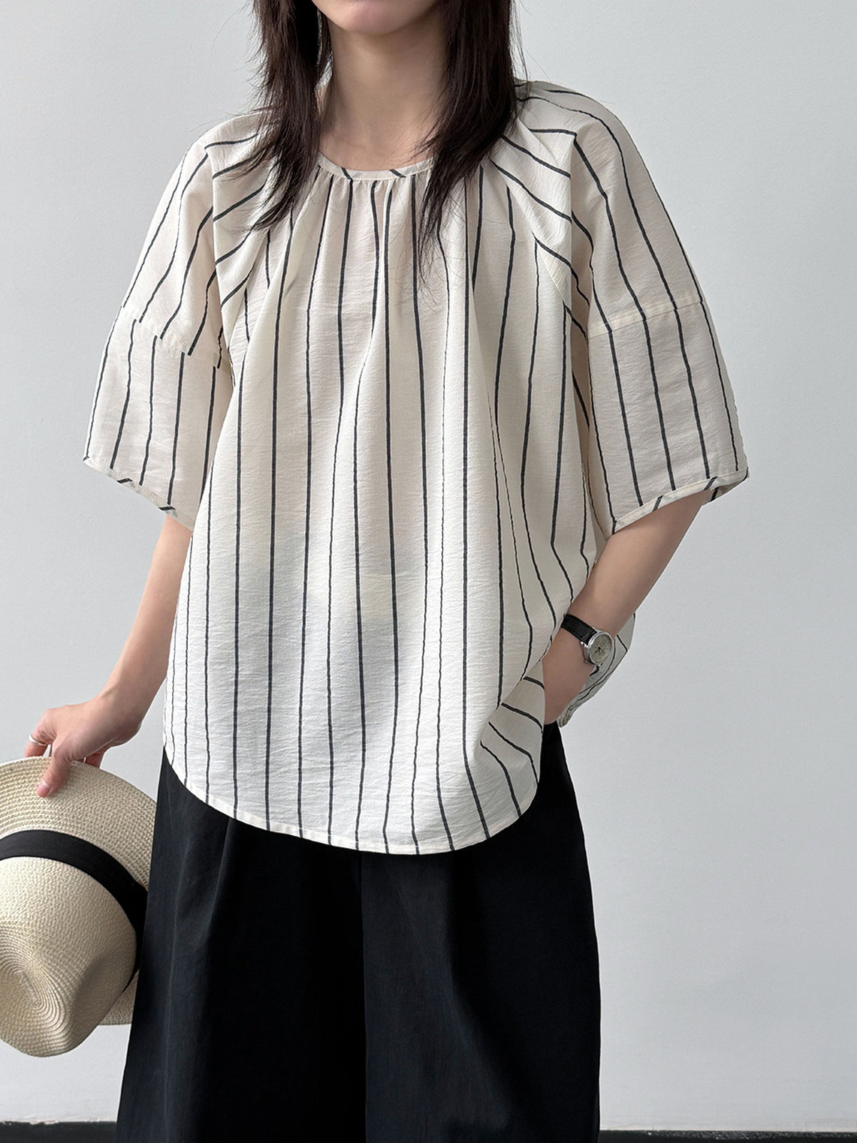 Gathered Neck Striped Fluid Blouse — BL1147