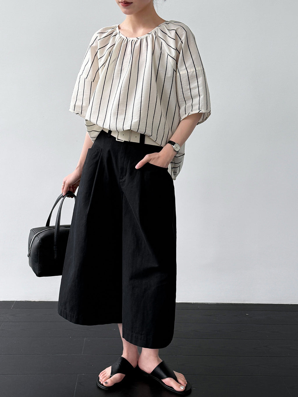 Gathered Neck Striped Fluid Blouse — BL1147