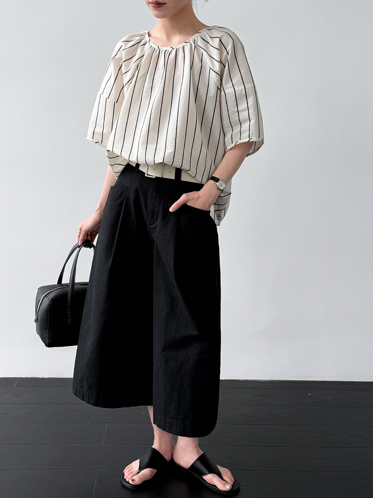Gathered Neck Striped Fluid Blouse — BL1147