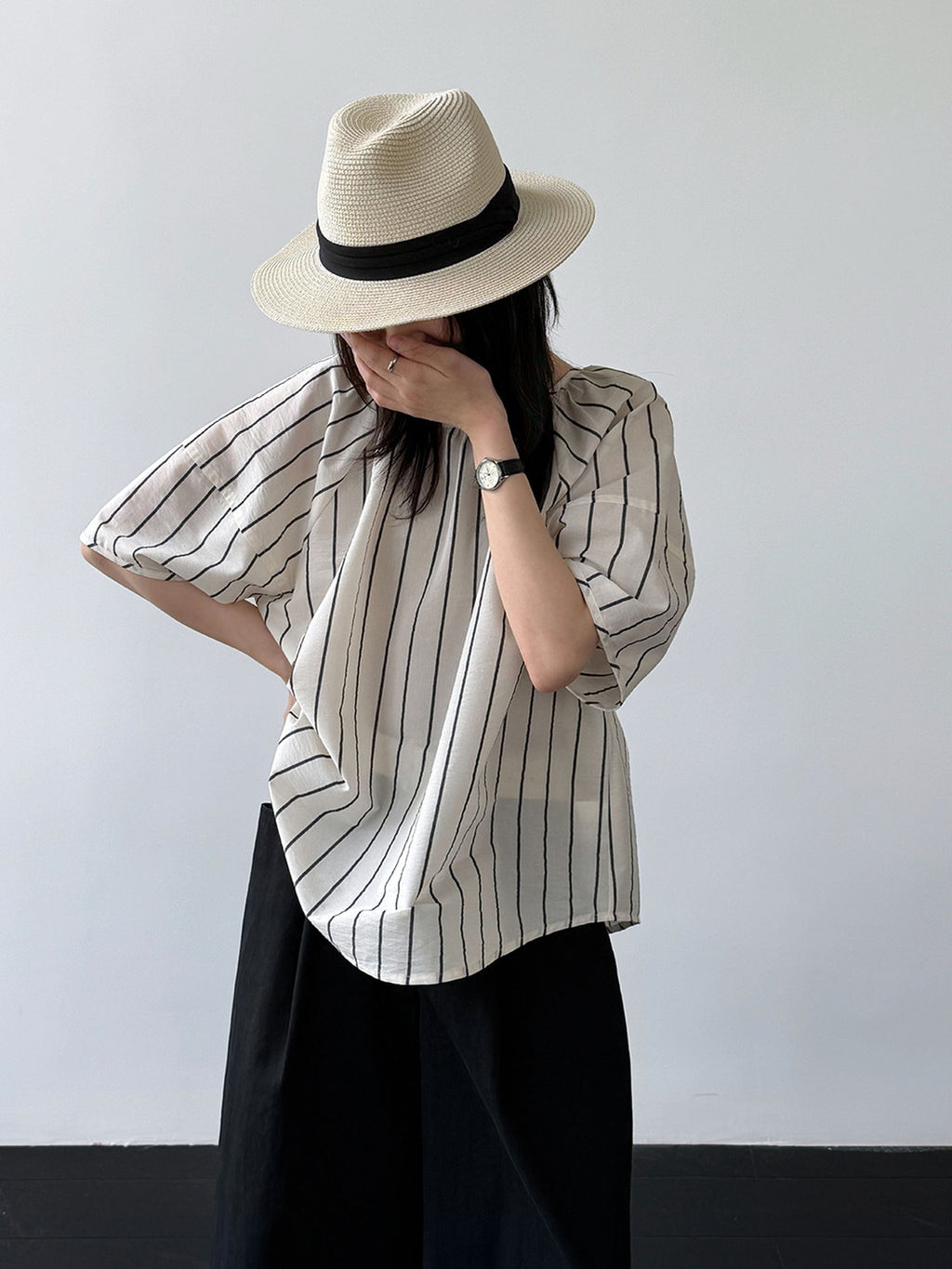 Gathered Neck Striped Fluid Blouse — BL1147