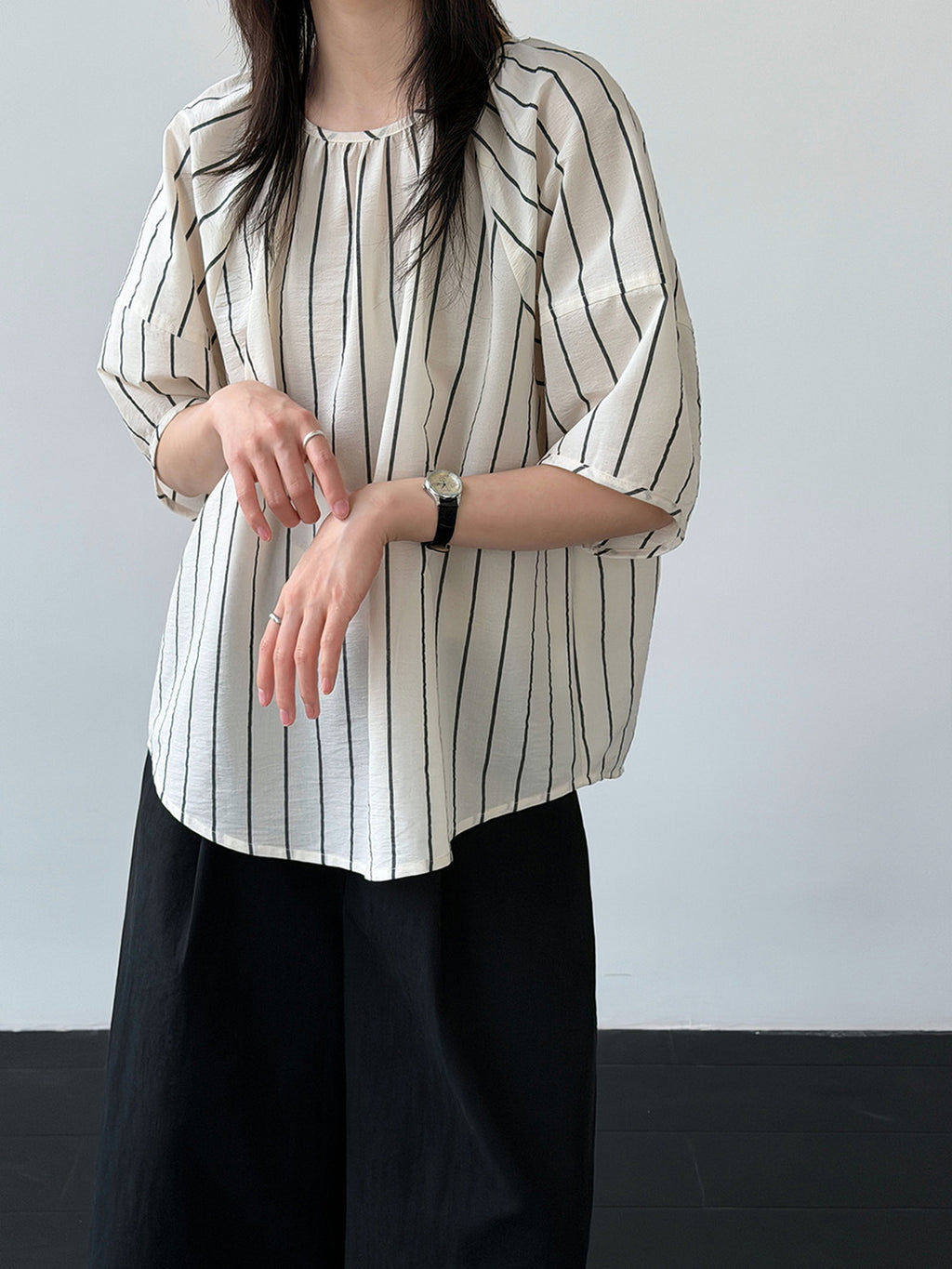 Gathered Neck Striped Fluid Blouse — BL1147