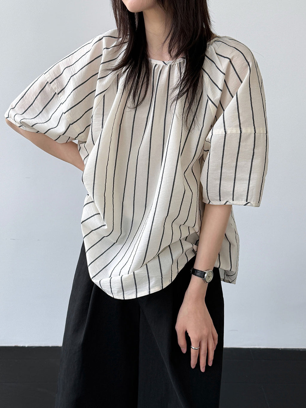 Gathered Neck Striped Fluid Blouse — BL1147