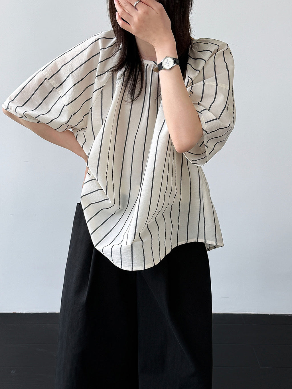 Gathered Neck Striped Fluid Blouse — BL1147