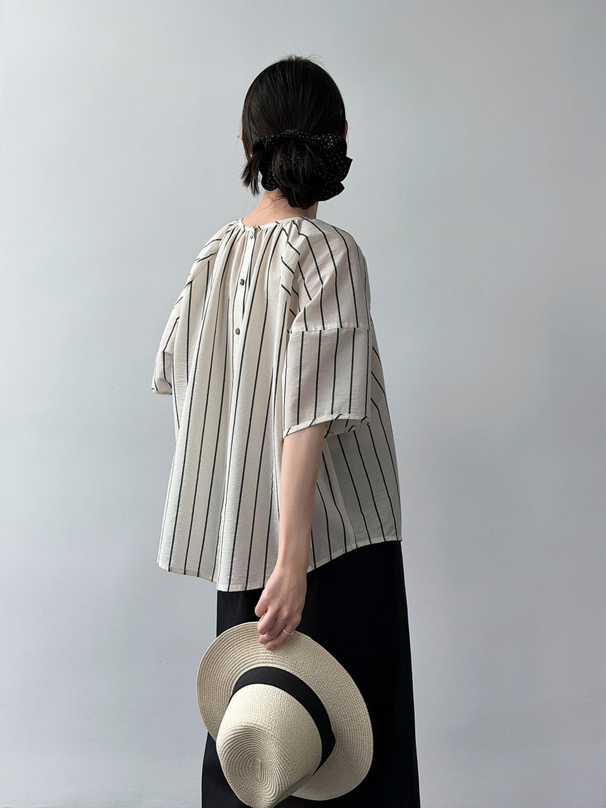 Gathered Neck Striped Fluid Blouse — BL1147