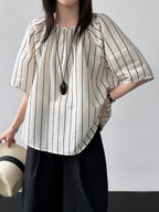 Gathered Neck Striped Fluid Blouse — BL1147